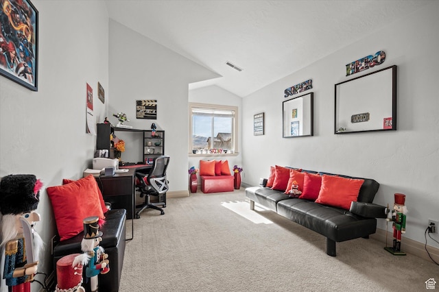 office area featuring vaulted ceiling and carpet floors