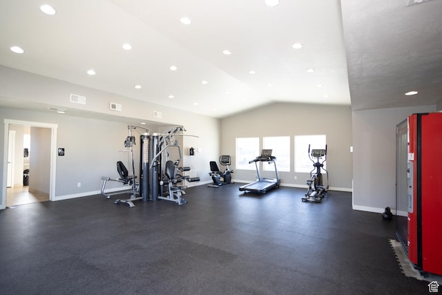 14368 S Penrhy Ct, Herriman, UT 84096 - gym featuring baseboards, lofted ceiling, and recessed lighting