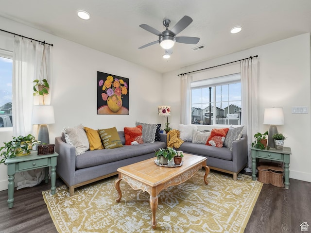 1802 E Magnolia Cir, Eagle Mountain, UT 84005 - living room featuring ceiling fan and dark hardwood / wood-style floors