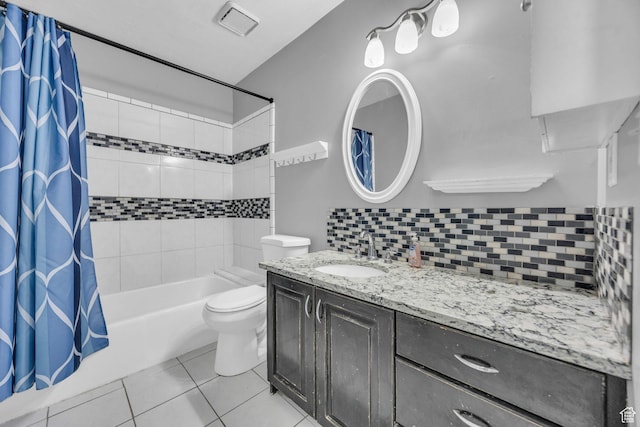 2152 E 3325 N, Layton, UT 84040 - bathroom featuring tile patterned flooring, vanity, shower / bath combination with curtain, toilet, and tasteful backsplash