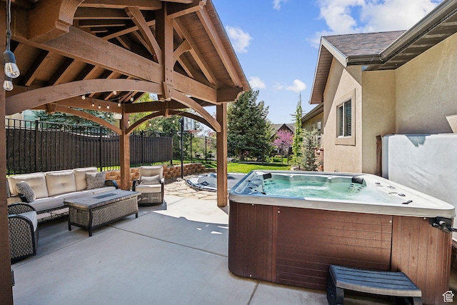 13299 S Laurel Park Ln, Draper, UT 84020 - view of patio / terrace featuring fence, an outdoor living space, a gazebo, and a hot tub
