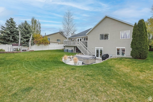 888 W Vahe St S, Draper, UT 84020 - rear view of house with a deck, french doors, fence, a hot tub, and a yard