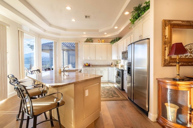 kitchen featuring white cabinetry, sink, a kitchen island with sink, stainless steel appliances, and light stone countertops