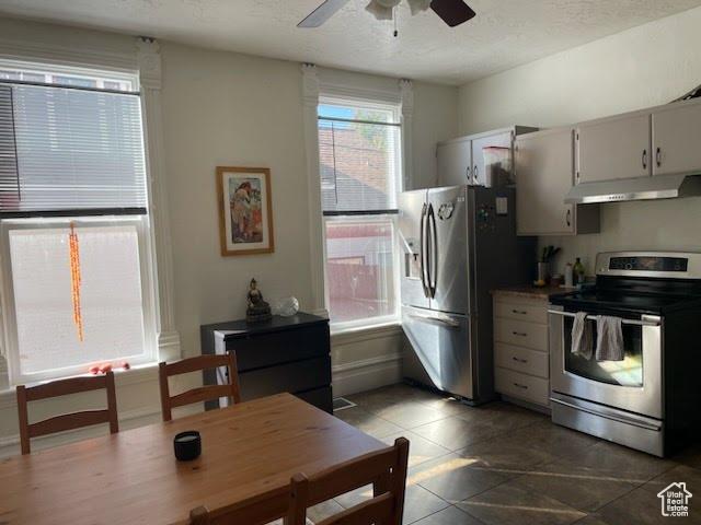 173 N K St E, Salt Lake City, UT 84103 - kitchen with ceiling fan, appliances with stainless steel finishes, a textured ceiling, and white cabinets