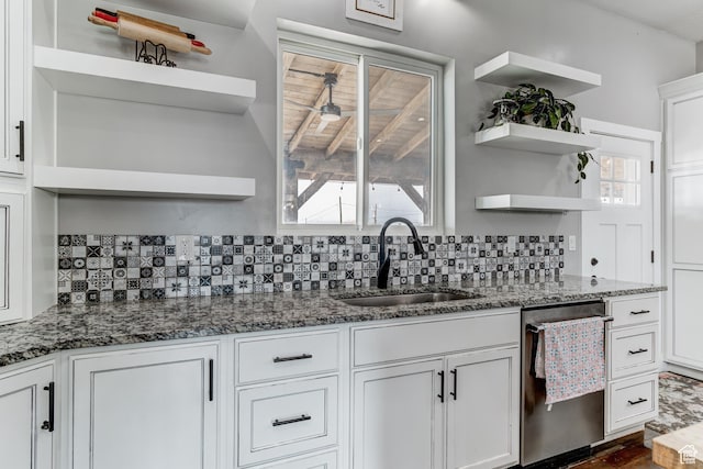 720 S 700 E, Mount Pleasant, UT 84647 - kitchen featuring open shelves, a sink, dishwasher, white cabinetry, and tasteful backsplash