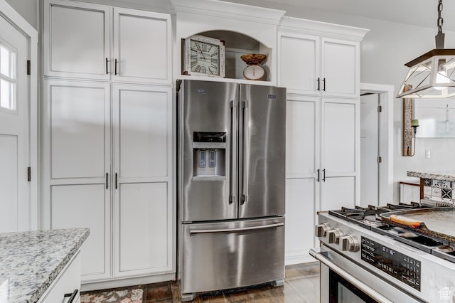720 S 700 E, Mount Pleasant, UT 84647 - kitchen featuring pendant lighting, light stone countertops, open shelves, stainless steel appliances, and white cabinetry