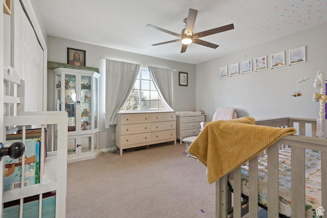 269 E 900 S, Payson, UT 84651 - bedroom with a ceiling fan, a textured ceiling, and light colored carpet