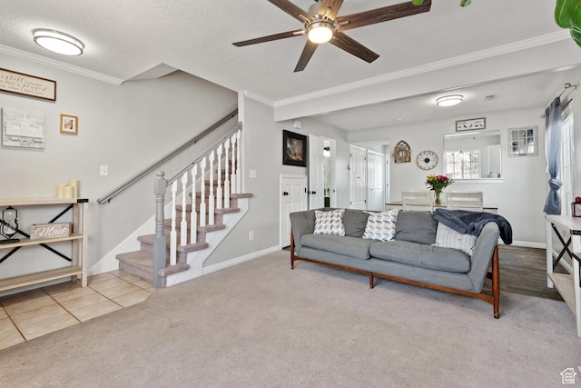 269 E 900 S, Payson, UT 84651 - living room with crown molding, ceiling fan, carpet floors, stairs, and baseboards