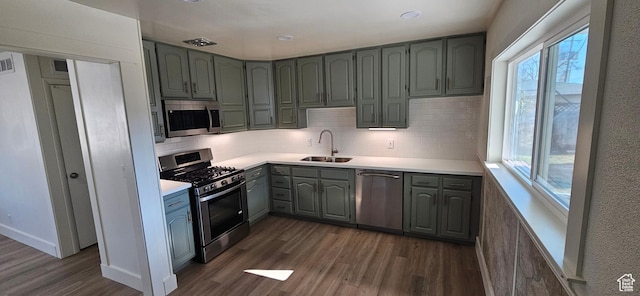 kitchen with dark wood-type flooring, appliances with stainless steel finishes, sink, and decorative backsplash