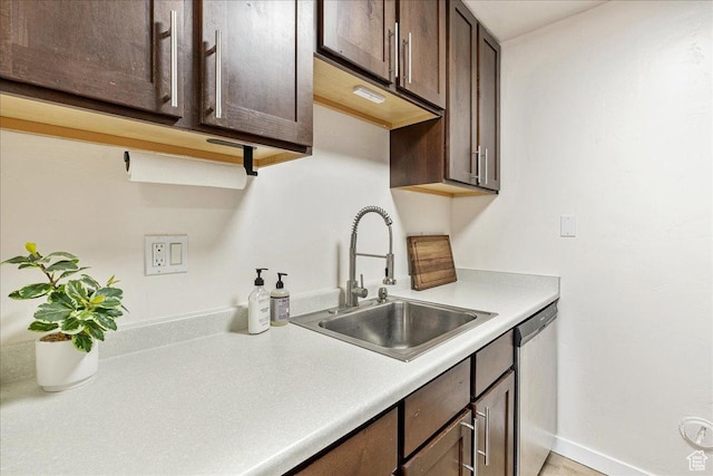 435 E Creekside Cir S Unit A, Salt Lake City, UT 84107 - kitchen with a sink, stainless steel dishwasher, dark brown cabinetry, light countertops, and baseboards