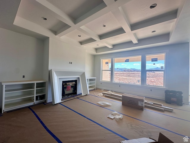 1589 S 4000 W Unit 12, Hurricane, UT 84737 - living room featuring coffered ceiling, beam ceiling, baseboards, a glass covered fireplace, and recessed lighting