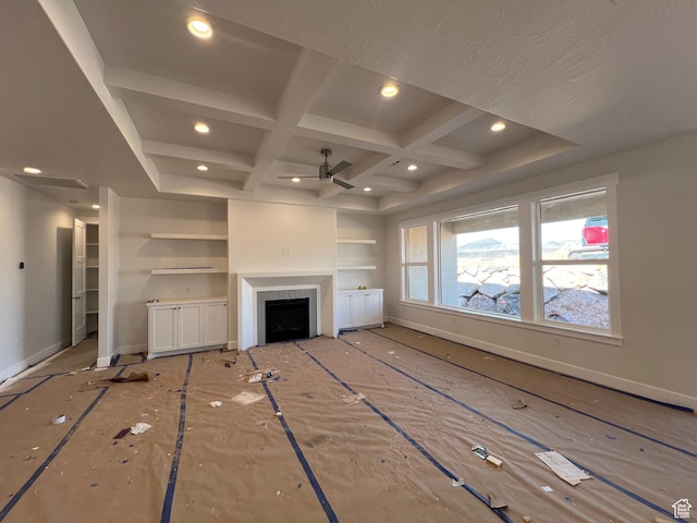 1589 S 4000 W Unit 12, Hurricane, UT 84737 - unfurnished living room featuring coffered ceiling, a fireplace, a ceiling fan, recessed lighting, and beam ceiling