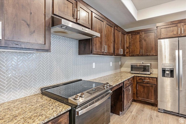 1079 W 420 S Unit 102, American Fork, UT 84003 - kitchen featuring light stone countertops, appliances with stainless steel finishes, backsplash, and light hardwood / wood-style flooring