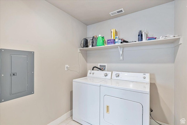 1079 W 420 S Unit 102, American Fork, UT 84003 - clothes washing area with electric panel, washing machine and dryer, and light tile patterned floors