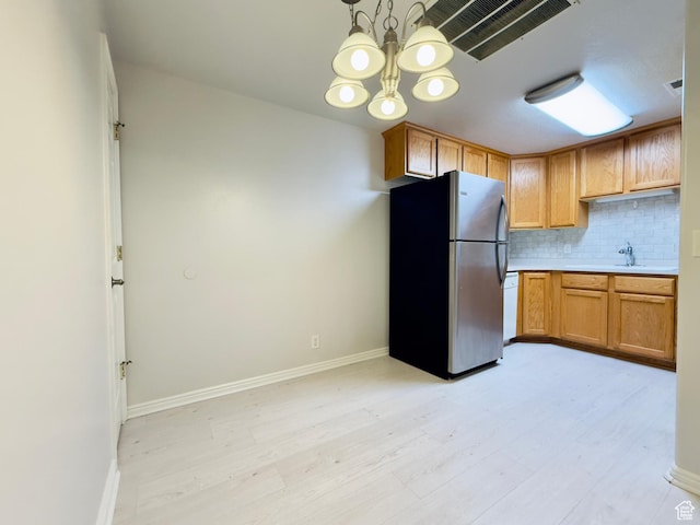 1444 S 430 W Unit 7, Orem, UT 84058 - kitchen featuring freestanding refrigerator, tasteful backsplash, light wood-type flooring, and light countertops