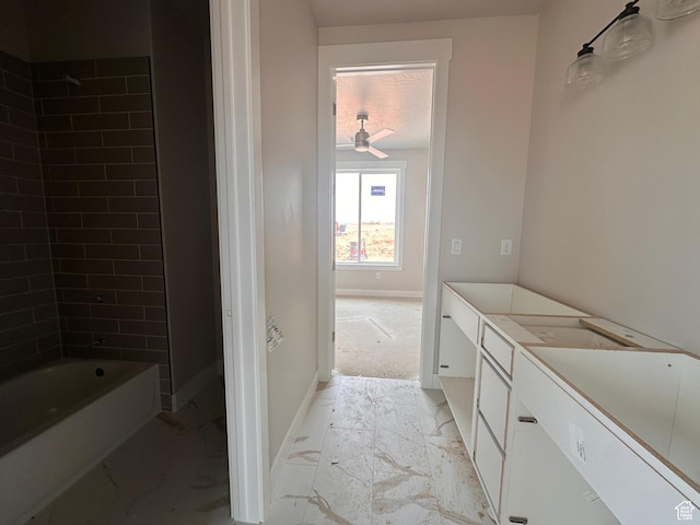3997 W 1500 S, Hurricane, UT 84737 - full bathroom featuring marble look tiles, vanity, bathing tub / shower combination, and ceiling fan