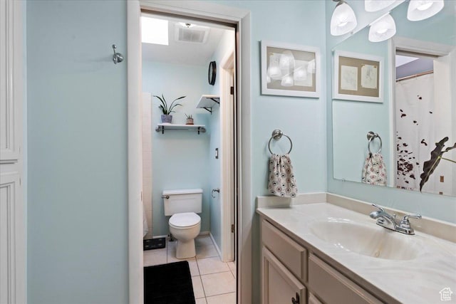 271 Brookfield Ln, Centerville, UT 84014 - bathroom with tile patterned flooring, visible vents, vanity, curtained shower, and toilet