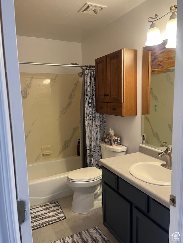 1401 W Green Hedge Way S, West Jordan, UT 84084 - full bathroom with shower / bath combo, vanity, tile patterned floors, and toilet