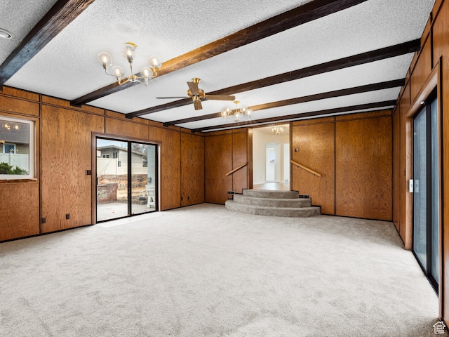 575 E 500 N, Pleasant Grove, UT 84062 - unfurnished living room featuring light carpet, beamed ceiling, a textured ceiling, stairs, and ceiling fan with notable chandelier
