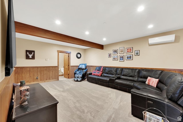 9284 E Tree Top Cir Unit 856, Heber City, UT 84032 - living area with a wall unit AC, a wainscoted wall, recessed lighting, carpet flooring, and wood walls