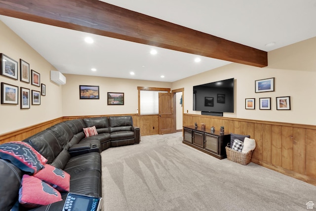 9284 E Tree Top Cir Unit 856, Heber City, UT 84032 - carpeted living room featuring a wainscoted wall, wooden walls, and beamed ceiling