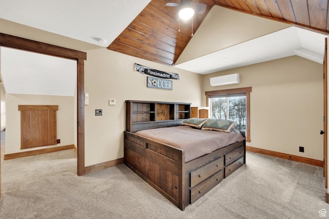 9284 E Tree Top Cir Unit 856, Heber City, UT 84032 - bedroom with vaulted ceiling, a wall mounted air conditioner, baseboards, light colored carpet, and a ceiling fan