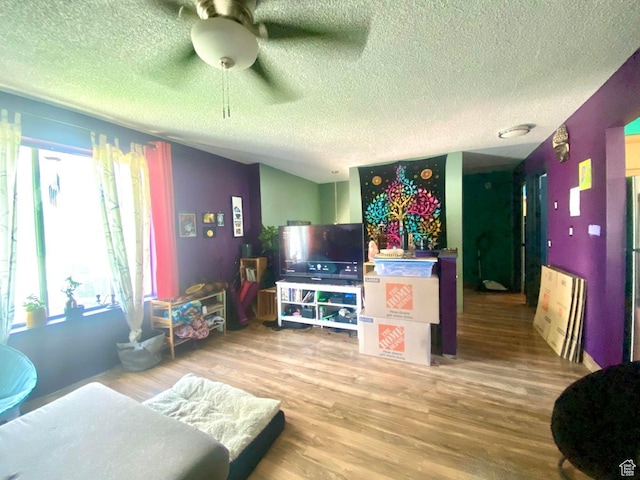 289 E 400 N, Parowan, UT 84761 - living room with hardwood / wood-style floors, a textured ceiling, and ceiling fan
