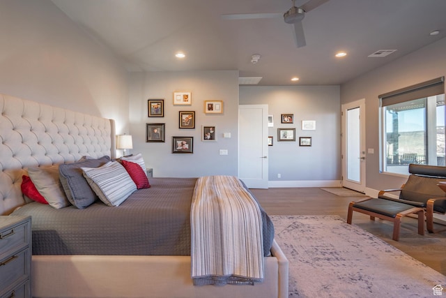 bedroom with ceiling fan and light wood-type flooring