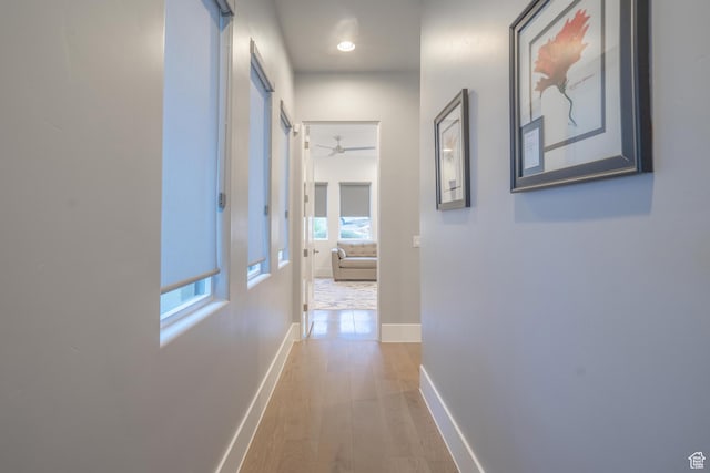 hallway with light hardwood / wood-style floors