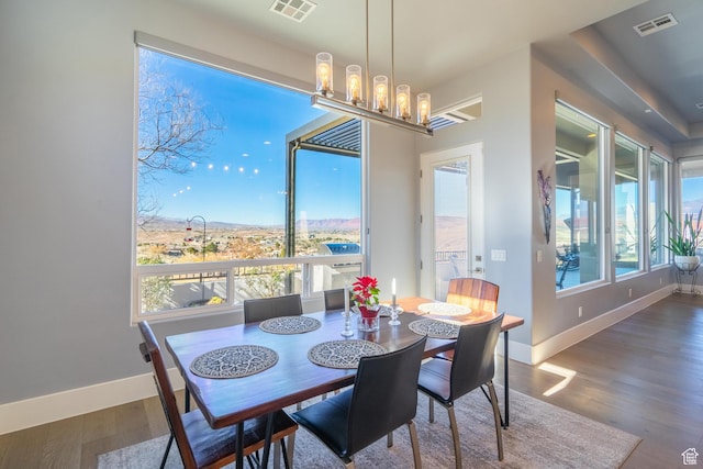 dining space with hardwood / wood-style flooring, plenty of natural light, and a mountain view