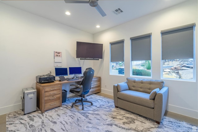 office area with ceiling fan