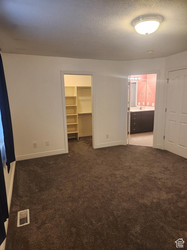 548 S 675 W, Centerville, UT 84014 - unfurnished bedroom featuring a walk in closet, sink, a textured ceiling, and dark colored carpet