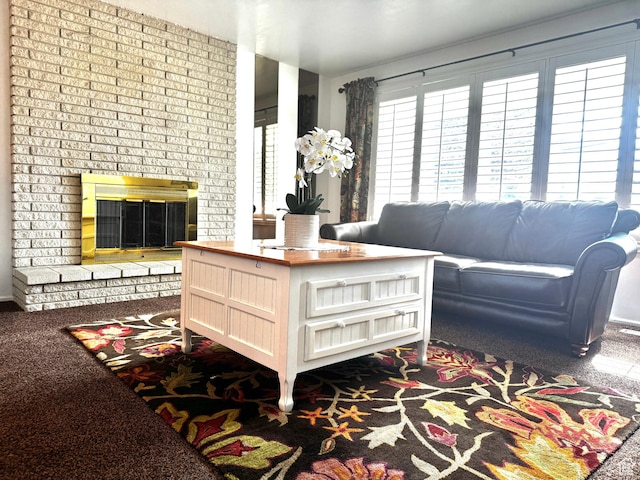 500 W Clark St S, Grantsville, UT 84029 - living area featuring a brick fireplace and dark colored carpet