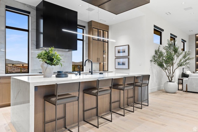 20 N Cliffside Dr, Washington, UT 84780 - kitchen featuring tasteful backsplash, modern cabinets, light wood-type flooring, a kitchen bar, and a sink