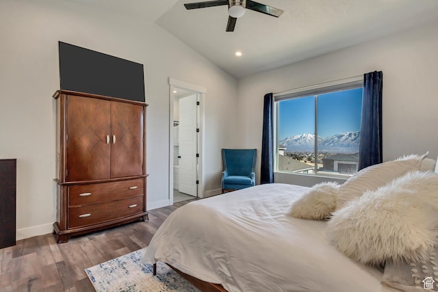 14203 S Brook Heights Cir W, Herriman, UT 84096 - bedroom with vaulted ceiling, dark hardwood / wood-style floors, connected bathroom, ceiling fan, and a mountain view