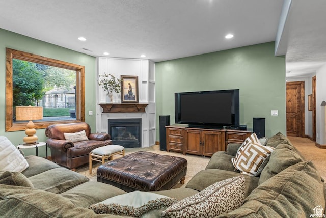 living room with light colored carpet