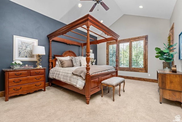 carpeted bedroom with lofted ceiling and ceiling fan