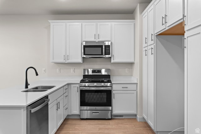 kitchen featuring white cabinetry, sink, stainless steel appliances, and light wood-type flooring