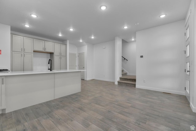 kitchen with sink and light hardwood / wood-style flooring
