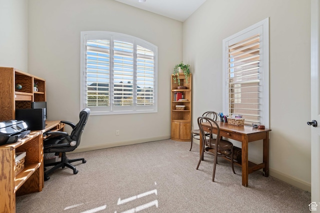 office area featuring light colored carpet
