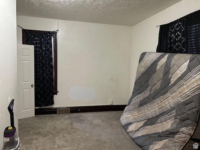 unfurnished bedroom with a textured ceiling and carpet flooring