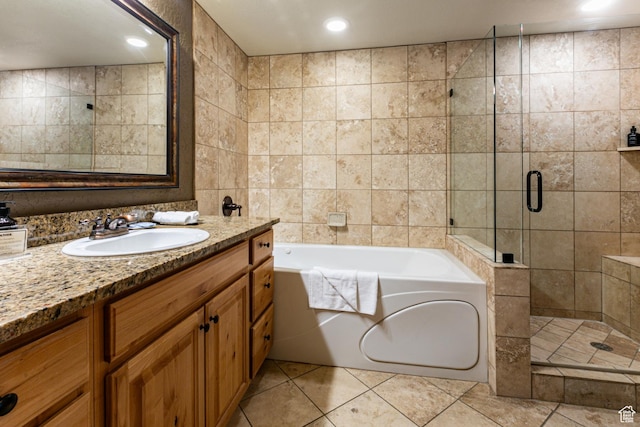 2669 N Canyons Resort Dr W Unit 205, Park City, UT 84098 - full bathroom with vanity, a shower stall, a bath, and tile walls