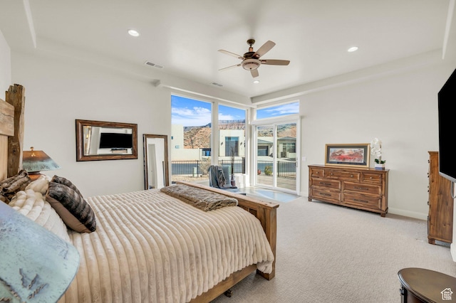 bedroom with visible vents, ceiling fan, carpet floors, recessed lighting, and access to exterior