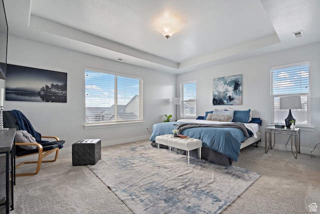 carpeted bedroom featuring a tray ceiling, visible vents, and baseboards
