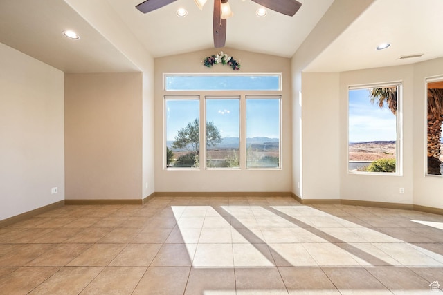 3523 S Desert Hills Dr, St George, UT 84790 - spare room with vaulted ceiling, recessed lighting, light tile patterned flooring, visible vents, and ceiling fan