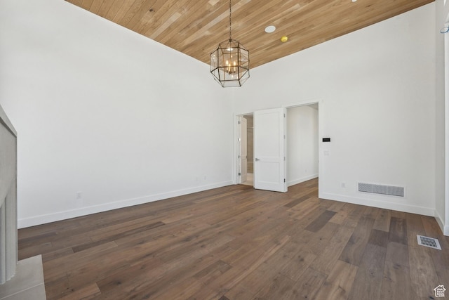 2738 Longspur Ln, Park City, UT 84098 - unfurnished dining area with dark wood-type flooring, a chandelier, a high ceiling, and wooden ceiling