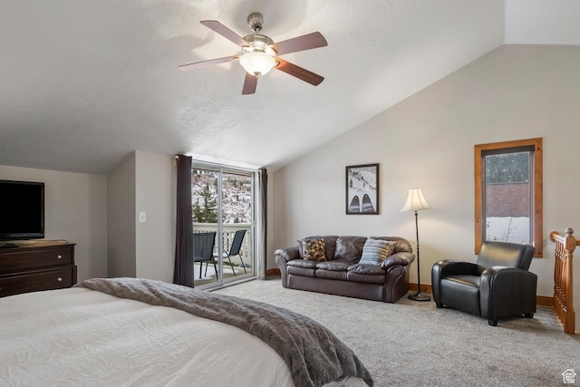 236 Norfolk Ave, Park City, UT 84060 - carpeted bedroom with lofted ceiling, access to exterior, a textured ceiling, and ceiling fan