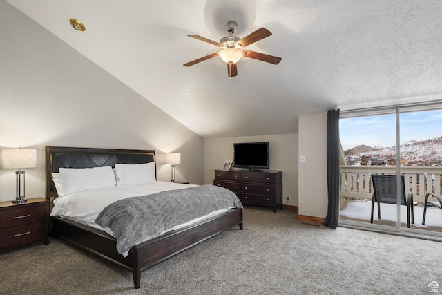 236 Norfolk Ave, Park City, UT 84060 - bedroom with ceiling fan, vaulted ceiling, carpet, a textured ceiling, and access to outside