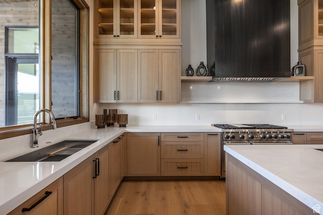 9791 N Uinta Dr, Kamas, UT 84036 - kitchen featuring stainless steel stove, light countertops, a sink, open shelves, and ventilation hood