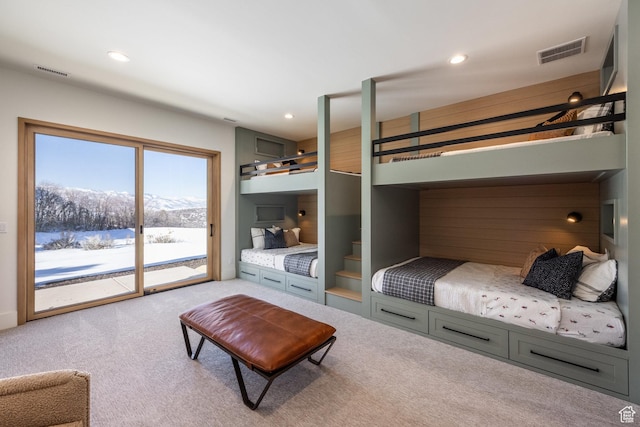 9791 N Uinta Dr, Kamas, UT 84036 - carpeted bedroom with a mountain view, visible vents, recessed lighting, and access to outside